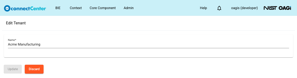 Edit Tenant page with the Name field and the Update and Discard buttons