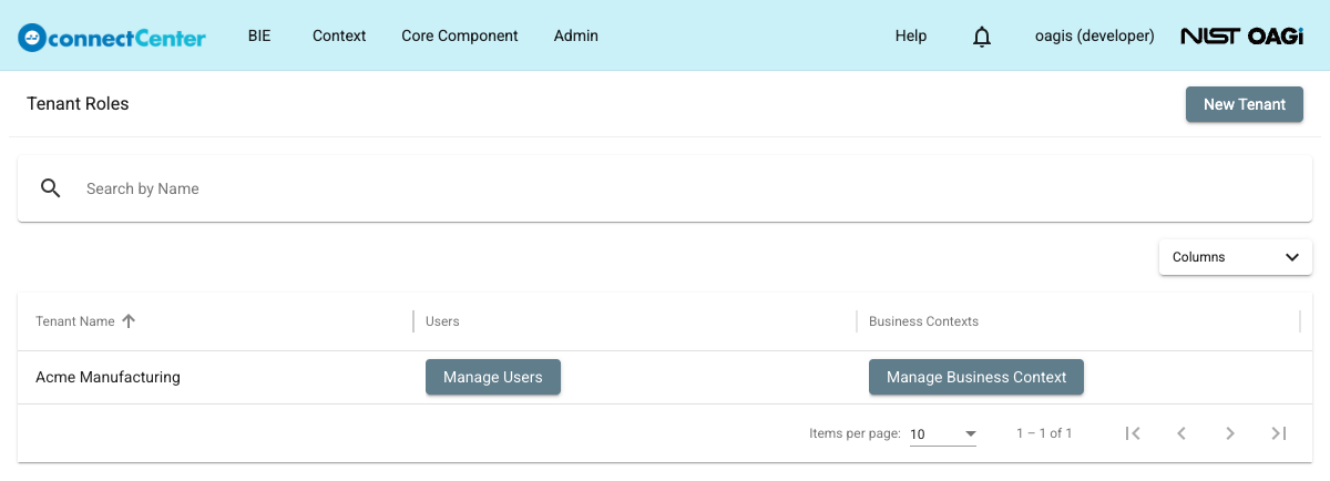 Tenant Roles page with the Search by Name bar, one tenant row with the Manage Users and Manage Business Context buttons, and the New Tenant button