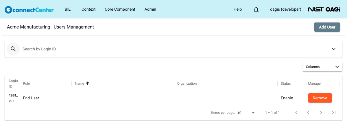 Users Management page of the Acme Manufacturing tenant listing one associated end user with a Remove button, and the Add User button in the toolbar