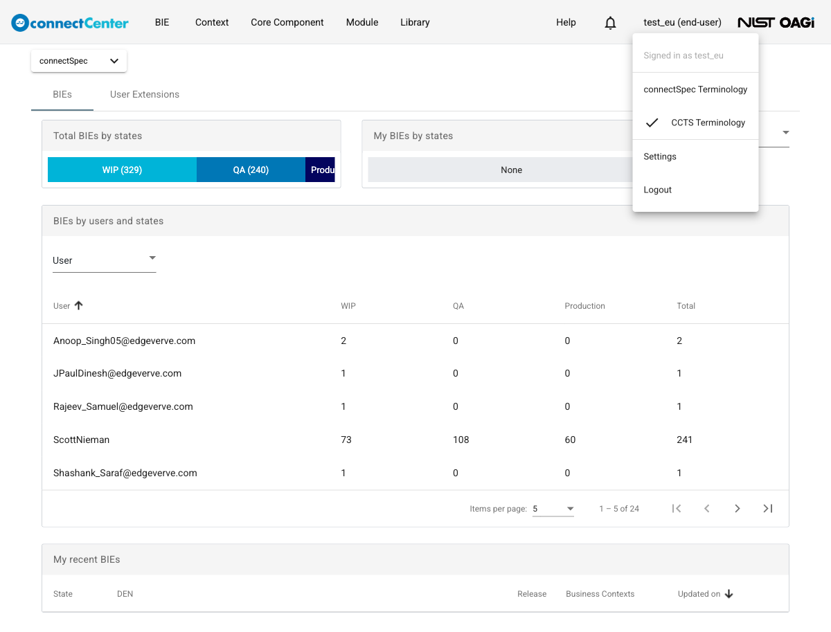 Account drop-down menu listing the connectSpec Terminology and CCTS Terminology items, with a check mark next to CCTS Terminology, followed by the Settings and Logout items